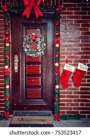 Decorative Wreath. Christmas Front Door For Holiday
