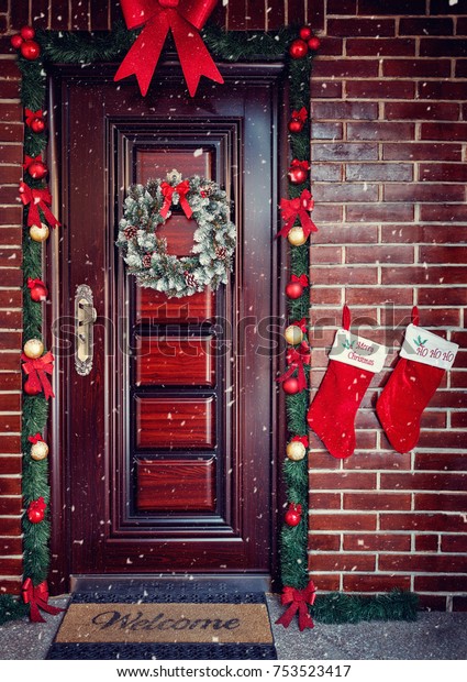 Decorative Wreath Christmas Front Door Holiday Stock Photo Edit