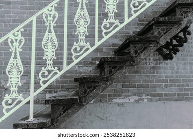 decorative wrought iron antique handrail with weathered red brick wall background - Powered by Shutterstock