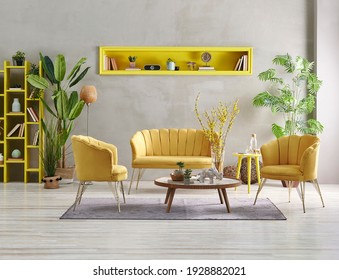 Decorative Yellow Sofa Furniture Set In The Room, Grey Stone Wall, Yellow Niche And Bookshelf, Home Decor.