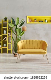 Decorative Yellow Sofa Furniture Set In The Room, Grey Stone Wall, Yellow Niche And Bookshelf, Home Decor.