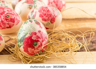 Decoupage Decorated Easter Eggs On The Table