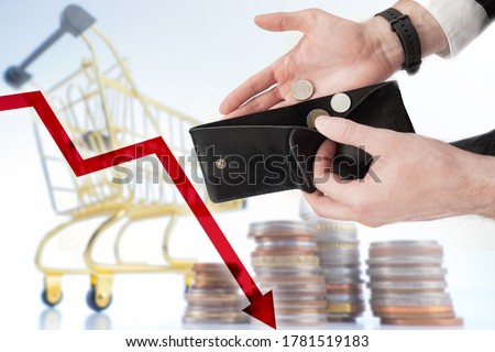 Decrease in purchasing power. Falling chart next to coins. Man shows empty wallet. Concept - drop in revenue from trade. Graph symbolizes a decrease in purchases. Cart from supermarket a symbol trade Foto stock © 