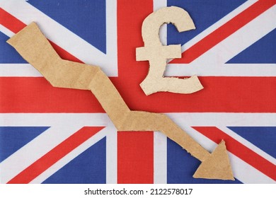 Decrease statistics concept. The flag of Great Britain has the pound symbol and an arrow pointing down.