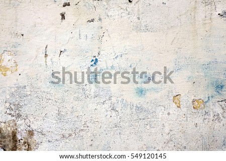 Decrepit White Dirty Plaster Wall With Cracked Structure Horizontal Empty Grunge Background. Old Gray Grey Mortar Wall With Rough Shabby Stucco Layer Isolated Texture. Blank Peeled Messy Surface