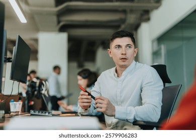 A dedicated business professional concentrates at his workstation in a modern, open-plan office. The setting is collaborative and multicultural, reflecting teamwork and diversity.