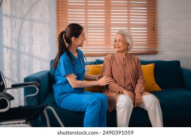 Dedicated Caregiver, Woman Nurse Provides Supportive Health Care for Elderly Patients at Home, Ensuring Retirement Comfort with Professional Medical Assistance, Healthy Living - Powered by Shutterstock