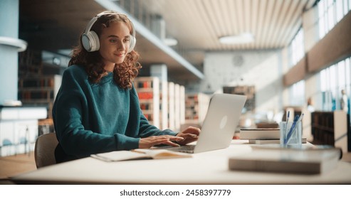 Dedicated Caucasian Female Student Engaged in Online Learning at a Modern Library. Young Woman Wearing Headphones, Using Laptop to Study, Surrounded by Books and Academic Atmosphere. - Powered by Shutterstock