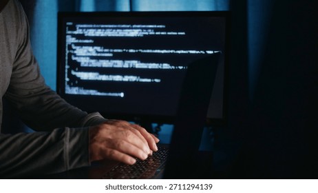 Dedicated coder reviewing and editing code in quiet environment late at night, Concentrated programmer scrutinizing refining software code during late evening hours in professional ws, good for IT ads