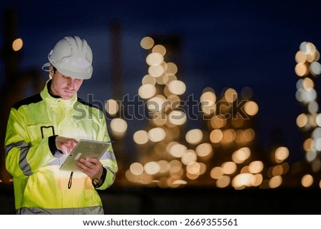 A dedicated engineer in a hard hat uses a digital tablet during a night shift at a refinery. A concept for modern industry, on-site data analysis, and 24-hour operations.