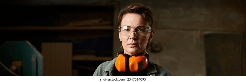 A dedicated female carpenter works on her project in a bright, well-equipped workshop. - Powered by Shutterstock