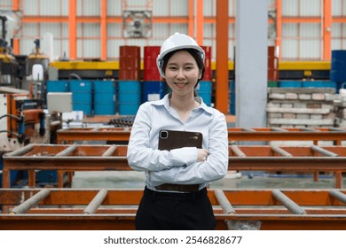 A dedicated female engineer dressed in safety gear stand smiling with arms crossed, holding tablet computer amidst a sprawling factory. - Powered by Shutterstock