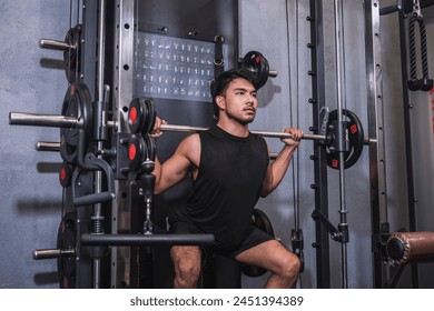 Dedicated and focused young male athlete doing back squats on a smith machine in a well-equipped gym, showing strength and concentration. - Powered by Shutterstock