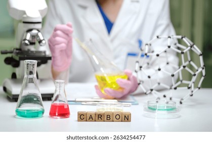 A dedicated scientist is conducting complex experiments with various carbon compounds in a modern lab