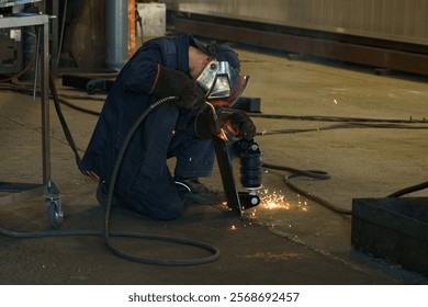 A dedicated welder crouches down in a workshop, focusing intently on shaping metal. Sparks fly as tools connect, illuminating the space as daylight fades outside.