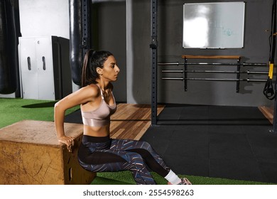 Dedicated woman performs triceps dips on a wooden box in a vibrant gym setting. - Powered by Shutterstock