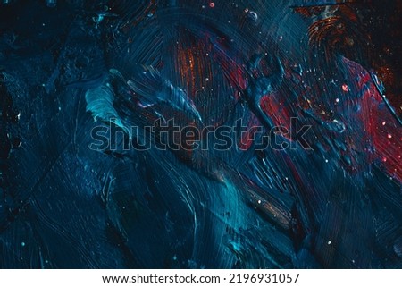 Deep blue and red lava Thick paint texture. Abstract art by oil painting on canvas. palette knife brush strokes. Original Impasto Oil Painting on canvas, Modern art. Contemporary art.