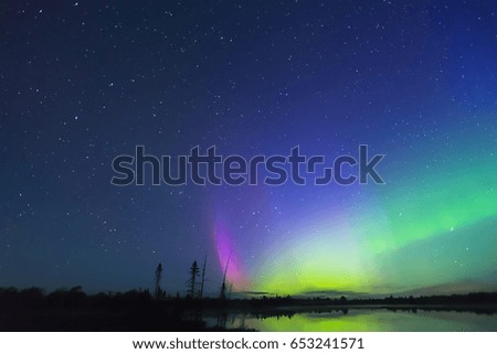 Deep blue starry night sky and northern lights bursting up from the horizon in pink and green