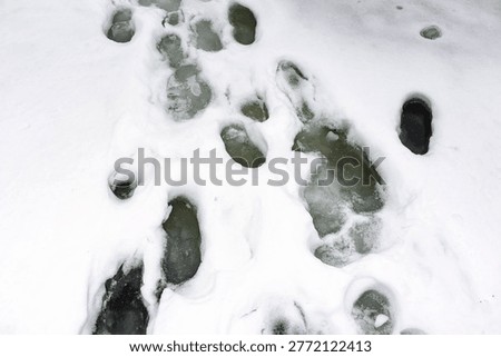 Deep boot prints sink into melting river ice, a dangerous late winter thaw. Perilous conditions, thin ice warning. Abstract nature hazard