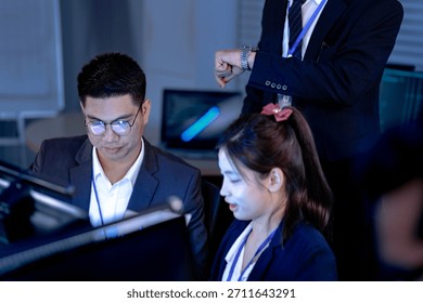 Deep code focus. Developers working late debugging software script visible on screen collaborative coding session in progress intense tech teamwork dev life revealed.