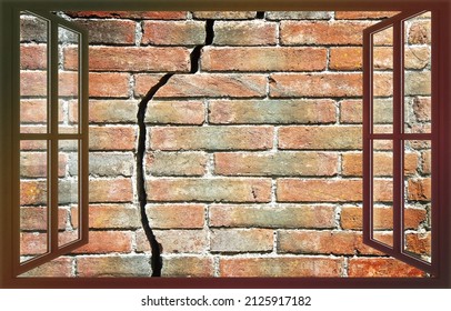 Deep crack on old brick wall view from a window - freedom concept image