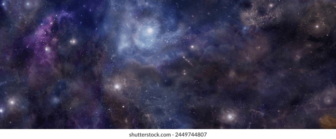 Deep dark outer space panoramic universe background - planets, stars, clouds, and nebula, the heavenly vast unknown up above us
