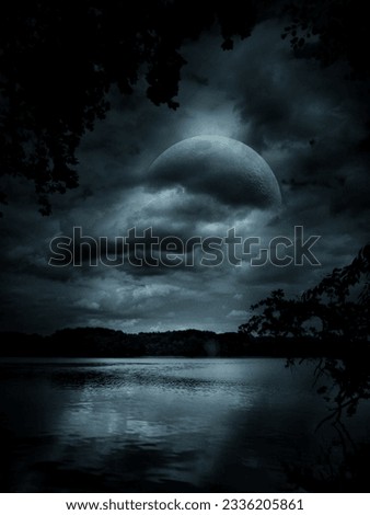 deep darkness with light reflections, lake view with dark moon