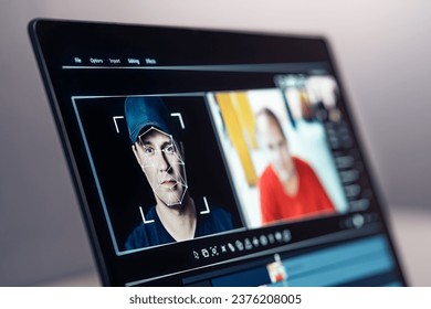 Deep fake, AI and face swap in video edit. Deepfake and machine learning. Facial tracking, detection and recognition technology. Digital identity interchange. Computer software mockup. Fraud picture.