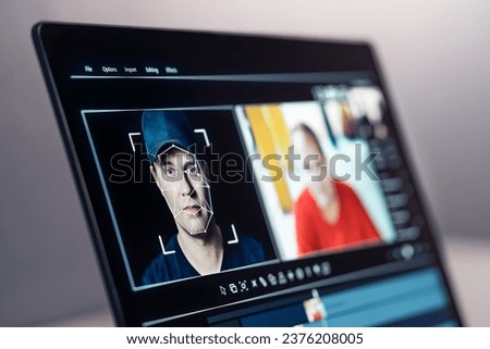 Deep fake, AI and face swap in video edit. Deepfake and machine learning. Facial tracking, detection and recognition technology. Digital identity interchange. Computer software mockup. Fraud picture.