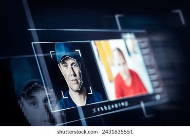 Deep fake. Deepfake and AI artificial intelligence video editing technology. Face of a person in editor. Machine learning concept. Fraud picture swap.