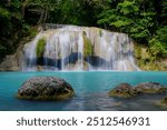 Deep forest waterfall in Thailand. Erawan Waterfall National Park, Kanchanaburi, Thailand.