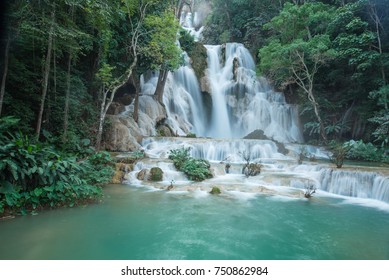 Deep forest Waterfall,Tad Kwang See waterfall,turquoise color water in north Lao - Shutterstock ID 750862984