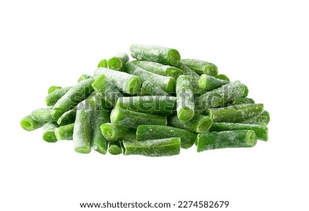 Deep freezing of vegetables. Frozen food vegetables. Frozen green beans. frozen bunch of cut string beans isolated on a white background.