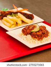 deep fried bone in beef short rib with thick cut potato chips and a rich oxtail stew served over white rice with cucumber.