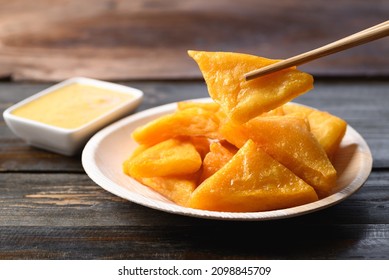 Deep Fried Burmese Tofu Eating With Spicy Dipping Sauce, Tai Yai Food In Northern Of Thailand