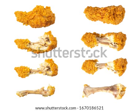 Deep fried chicken drumstick eaten step isolate.