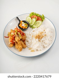 Deep Fried Chicken Strips With Pickles, Onion, Salad And Rice. Serve On White Plate. Flat Lay,, Free Space, Top View