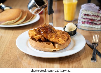 Deep Fried Chicken And Waffles In A Greasy Spoon Diner.