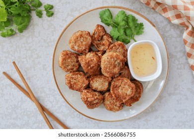 Deep Fried Crab Meat Rolls in ceramic plate , thai called Hoi Jo, top view food