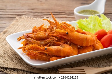 deep fried crispy crab and shrimp with seafood dip in white plate.Thai snack food