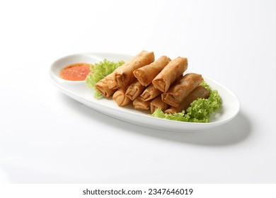 deep fried crispy vegetable spring roll with thai chilli spicy sauce salad in plate on white background design appetiser food dim sum snack halal menu for Hong Kong cafe