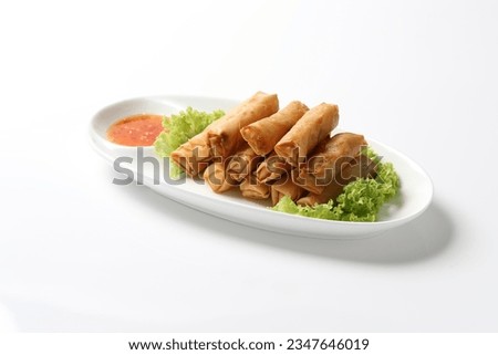 deep fried crispy vegetable spring roll with thai chilli spicy sauce salad in plate on white background design appetiser food dim sum snack halal menu for Hong Kong cafe