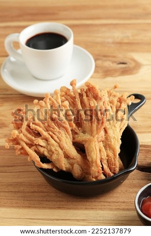 Deep Fried Enoki Mushroom or Golden Needle Mushroom with Spicy Dipping Sauce and Black Coffee, Vegan Food Style