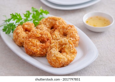 Deep Fried Shrimp Cake On White Plate, Thai Food