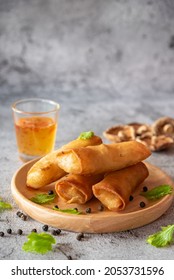 Deep fried spring rolls stuffed vegetable, mushroom and glass noodle, Chinese vegetarian food festival 