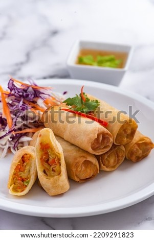 Deep fried spring rolls stuffed vegetable, mushroom and glass noodle, Chinese vegetarian food festival