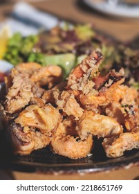 Deep Fried Squid Fried Calamari Rings, Grilled Kalamaria Tiganita, Traditional Mediterranean Food Served In Tavern, Corfu, Greek Islands, Ionian Sea, Greece