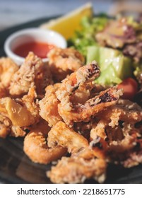 Deep Fried Squid Fried Calamari Rings, Grilled Kalamaria Tiganita, Traditional Mediterranean Food Served In Tavern, Corfu, Greek Islands, Ionian Sea, Greece