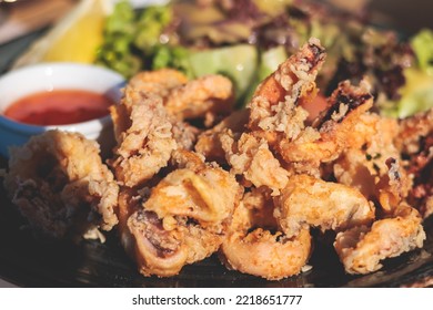 Deep Fried Squid Fried Calamari Rings, Grilled Kalamaria Tiganita, Traditional Mediterranean Food Served In Tavern, Corfu, Greek Islands, Ionian Sea, Greece