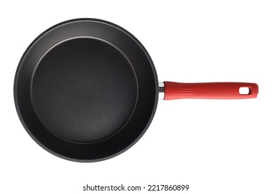 Deep Frying Pan With Red Handle. Isolated Object On A White Background. Top View